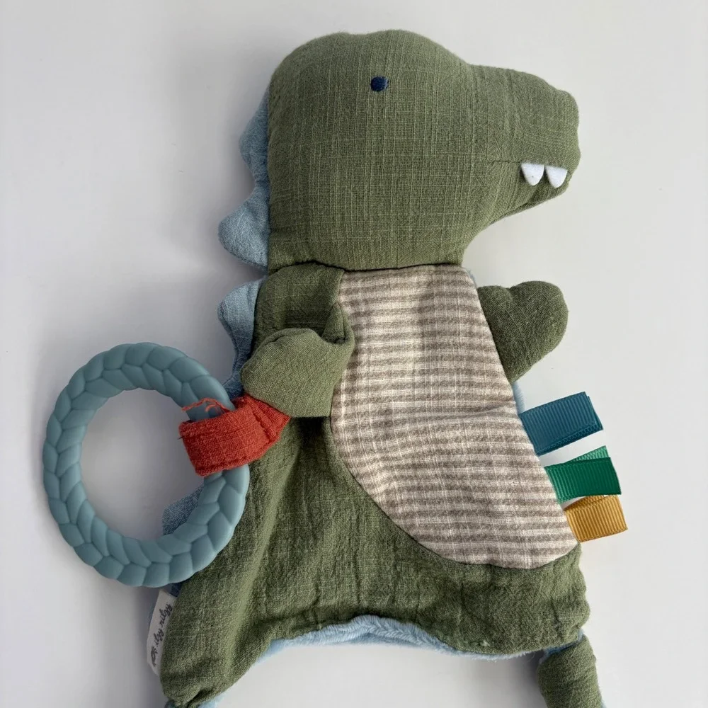 Itzy Ritzy Dino Muslin Lovey‎ Security Blanket with Silicone Teether Green Blue